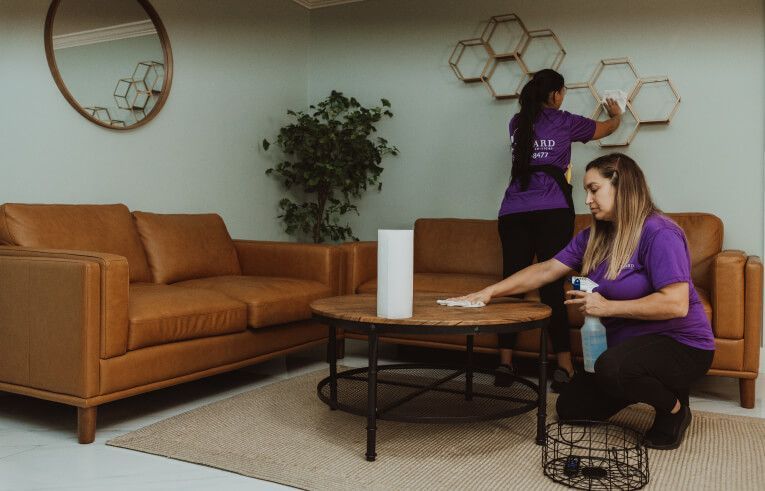 Two Wizard cleaners cleaning a living room