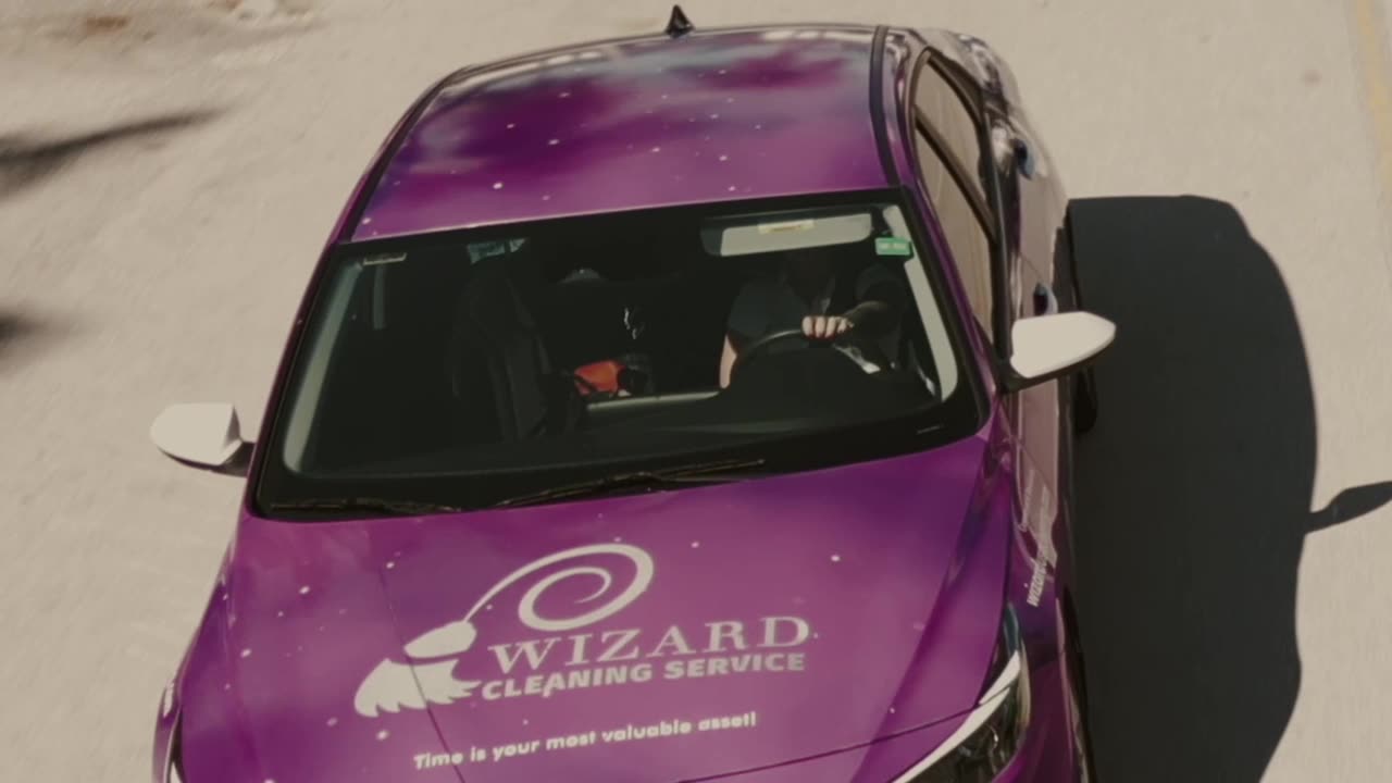 Purple Wizard Cleaning company car from above